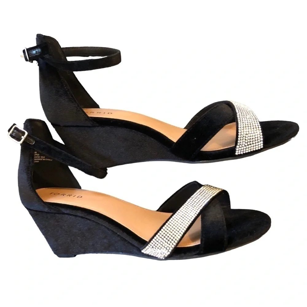 Torrid Rhinestone Demi Wedge Sandal Sz 9.5W Black Velvet Dressy Cocktail Party